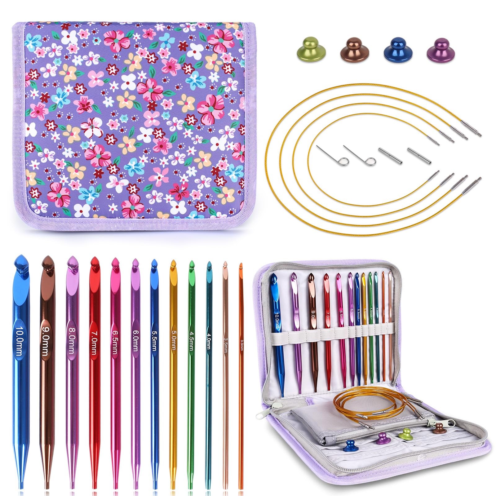 Interchangeable Tunisian Crochet Hooks Set – 12 Sizes (3.0–10mm) Aluminum Cro...