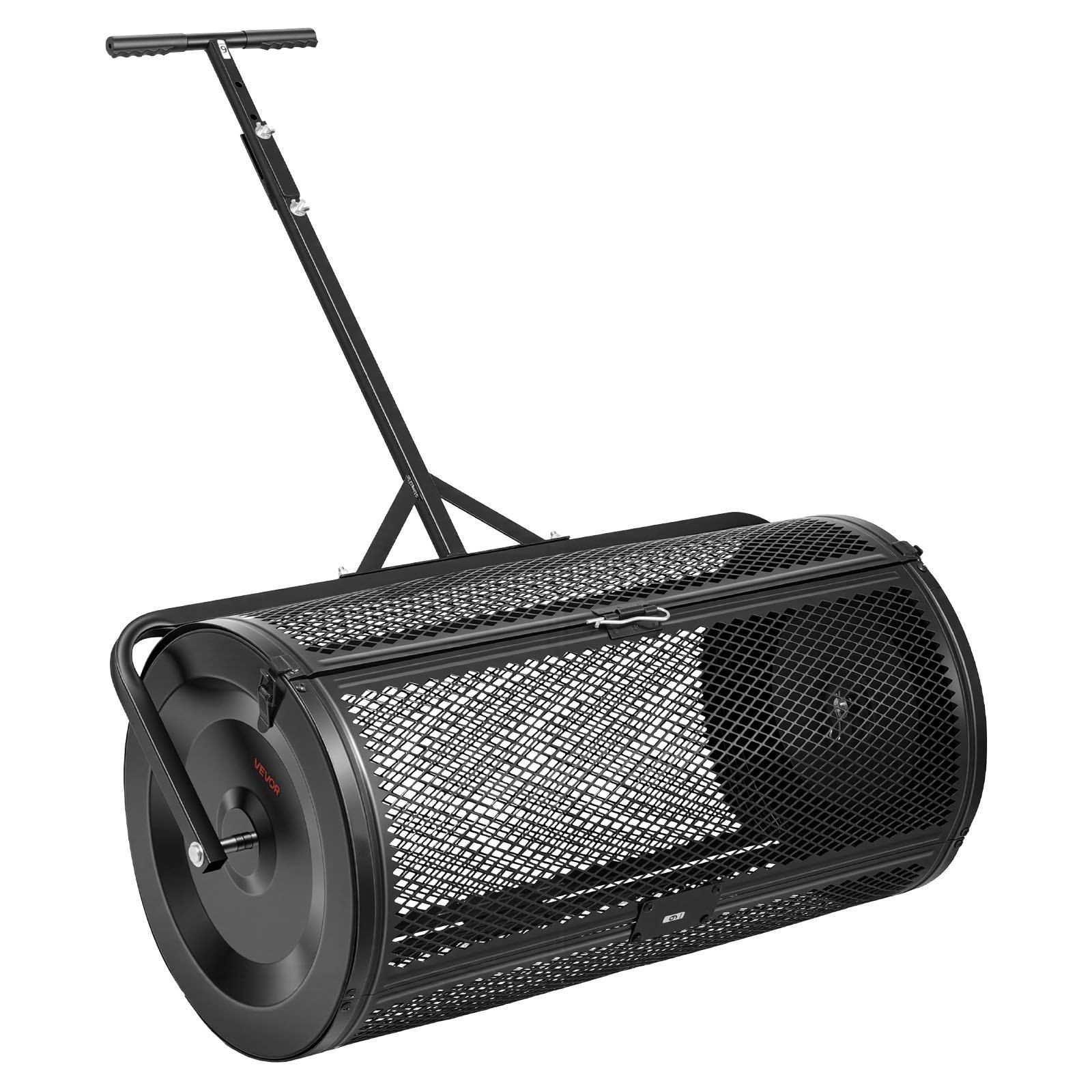 Peat Moss Spreader 36in, Steel Drum 4.1cu ft, Diamond Mesh, Push or Tow, Black