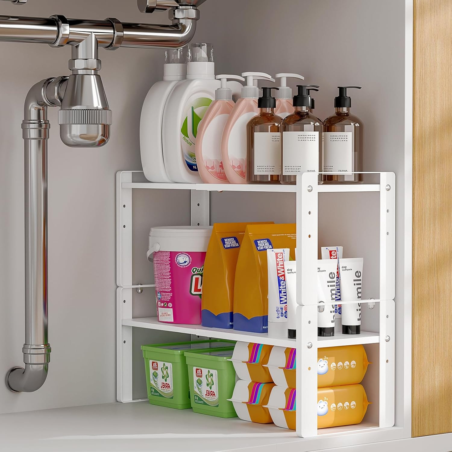 2 Pack Expandable Cabinet Organizer Shelves, 88Lbs High Weight Capacity, Stackab