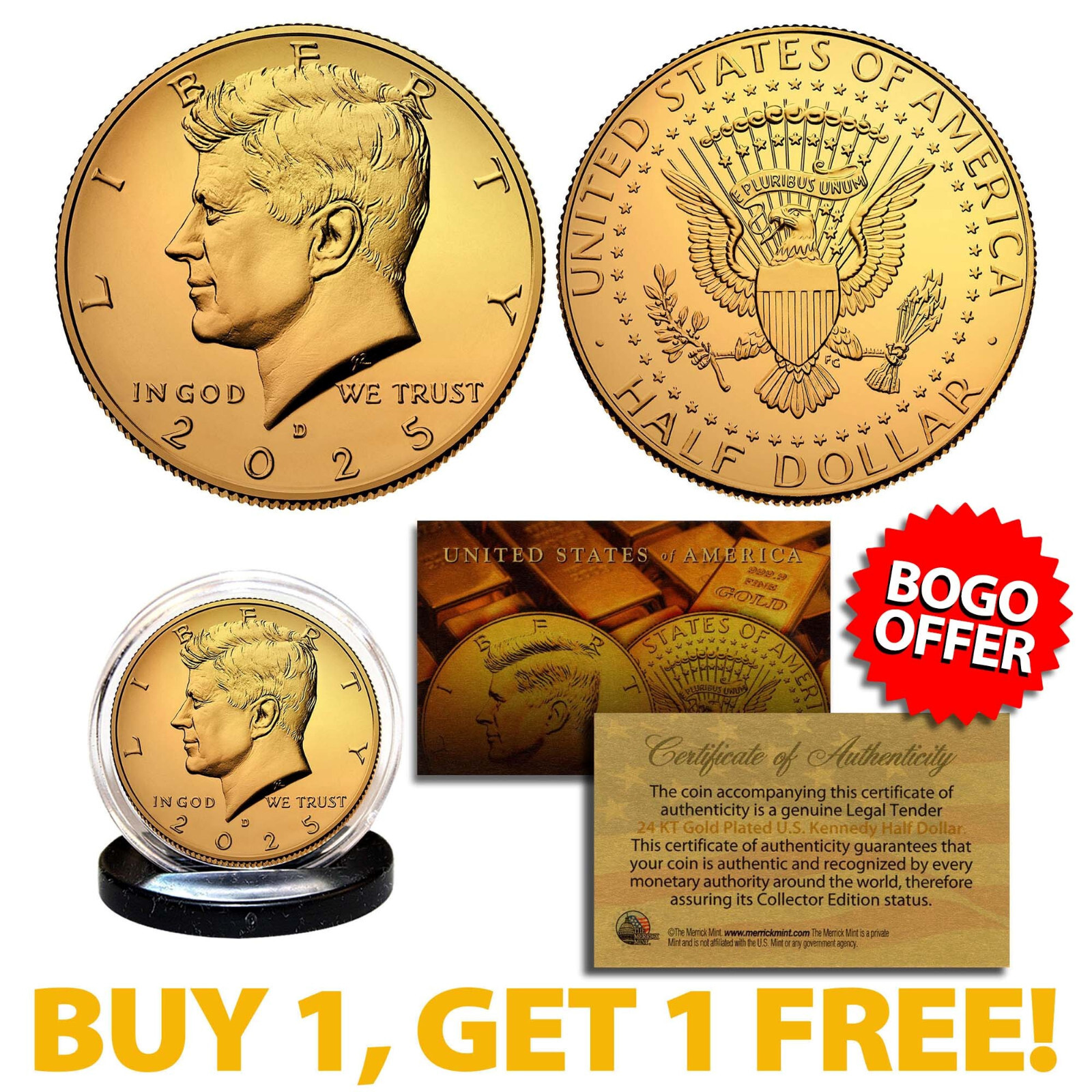 24K GOLD PLATED 2025-D JFK Kennedy Half Dollar Coin (D Mint) BUY 1 GET 1 FREE
