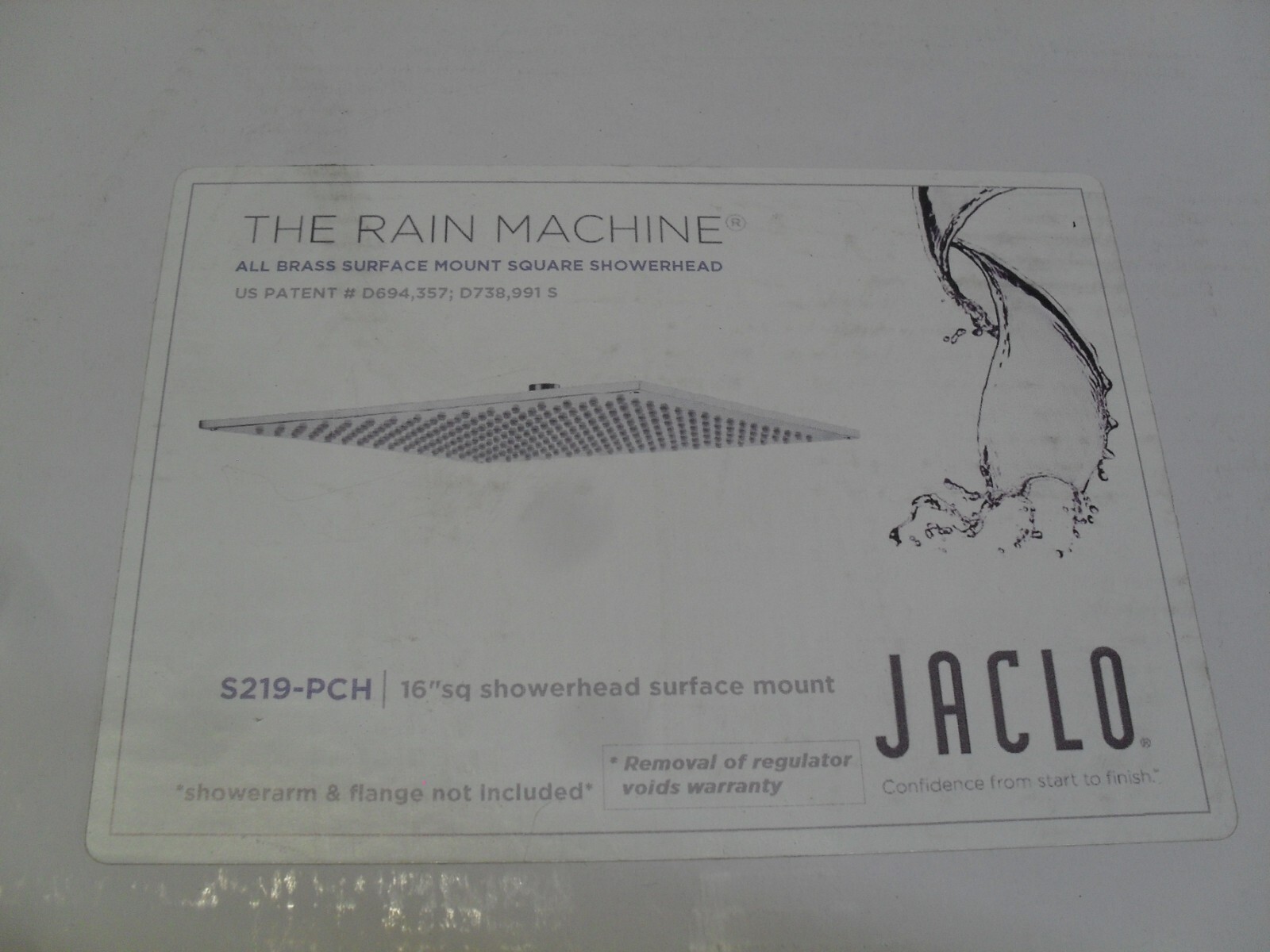 Jaclo S219-PCH The Rain Machine 16" Square Brass shower head 2.5GPM Chrome