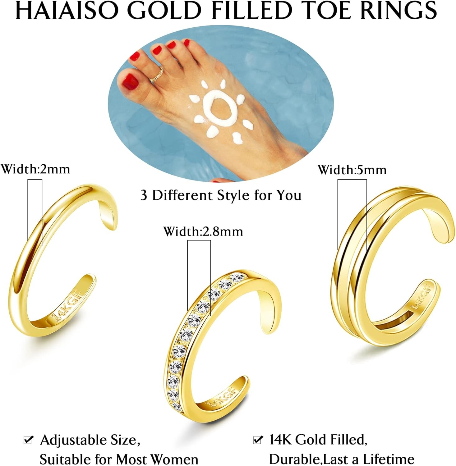 HAIAISO 14K Gold Filled Toe Rings Adjustable Open Cubic