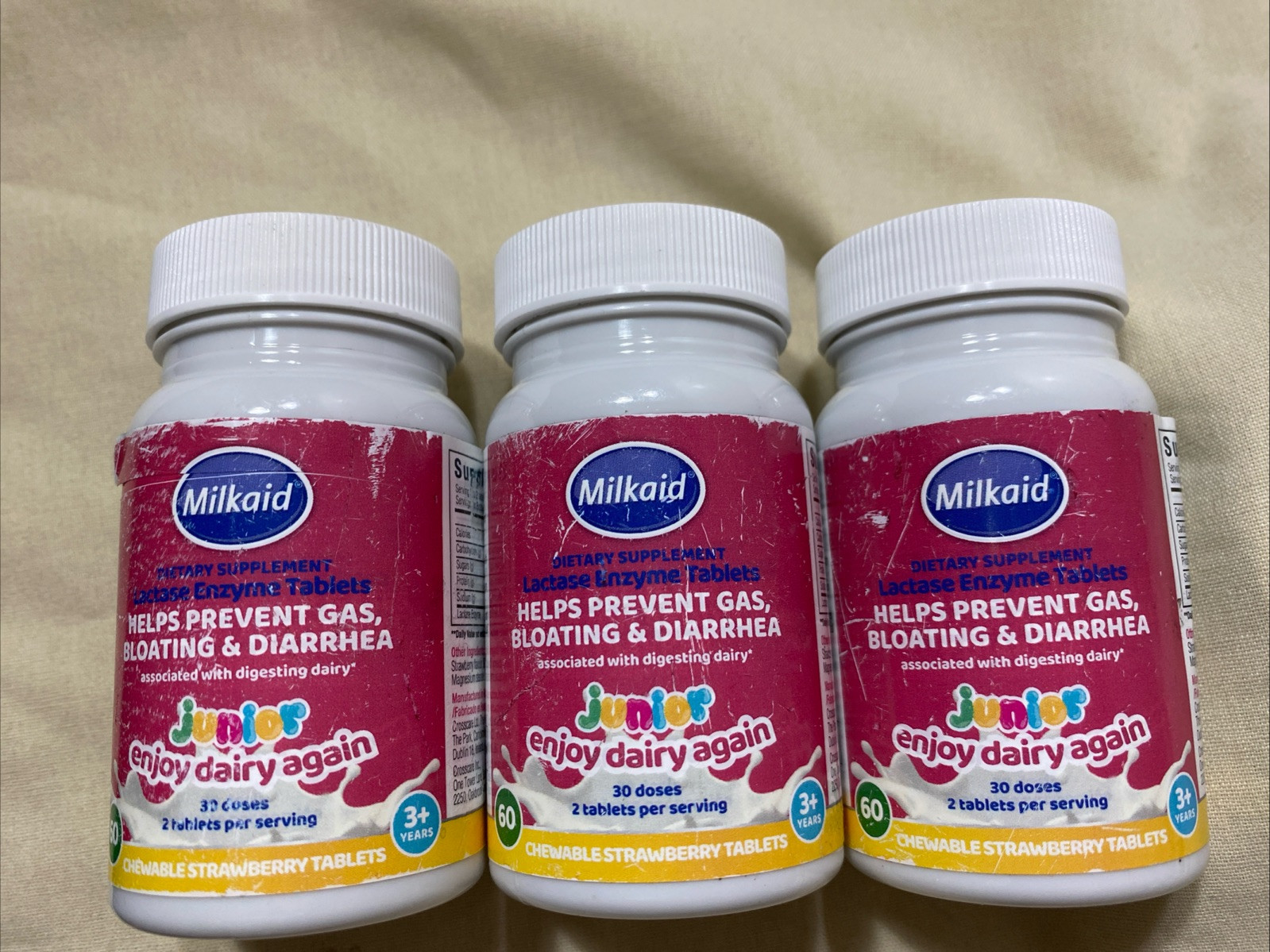 3 pack Milkaid Lactase Enzyme Tablet 60 Strawberry Tablets Exp 01/27