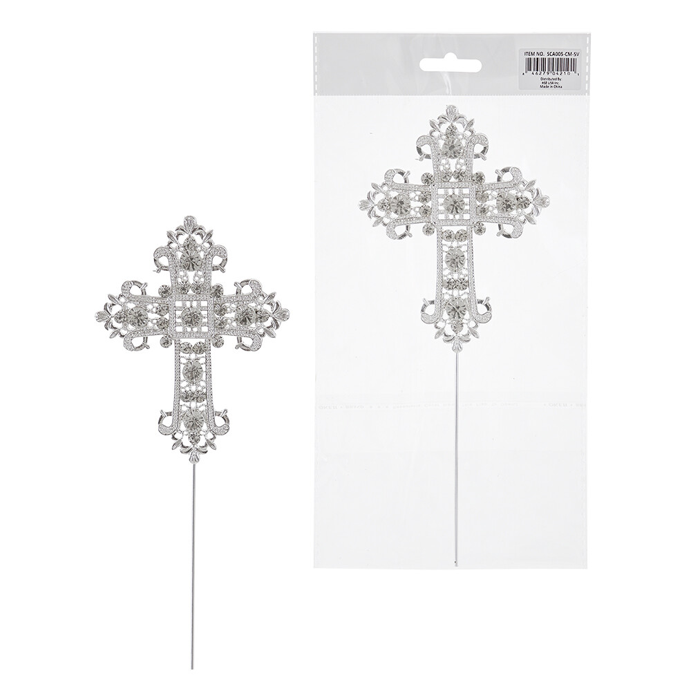 Mega Crafts - Sparkling Rhinestone Medieval Cross Cake Topper - Silver, 1PC