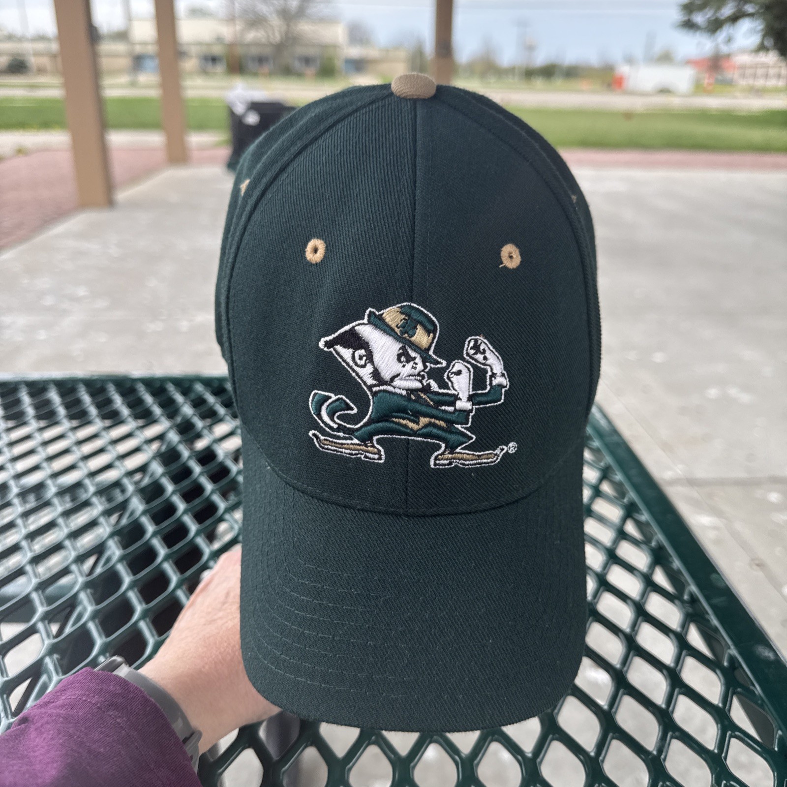 Fighting Irish Notre Dame Mascot on Front of Green Fitted Hat 7 3/4 Zephyr