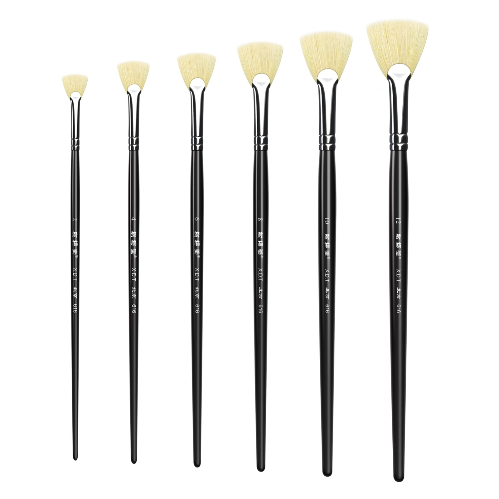 XDT#616-2 Fan Art Brush Set 6Pc #2#4#6#8#10#12 Hog Acrylic Oil Watercolor