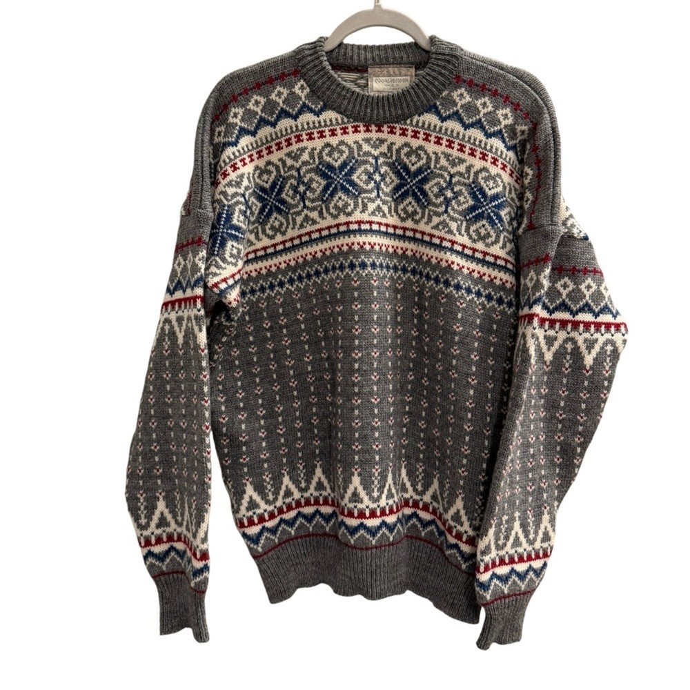 NORLENDER Knit Wool Crewneck Lodge Sweater Gray Size XL