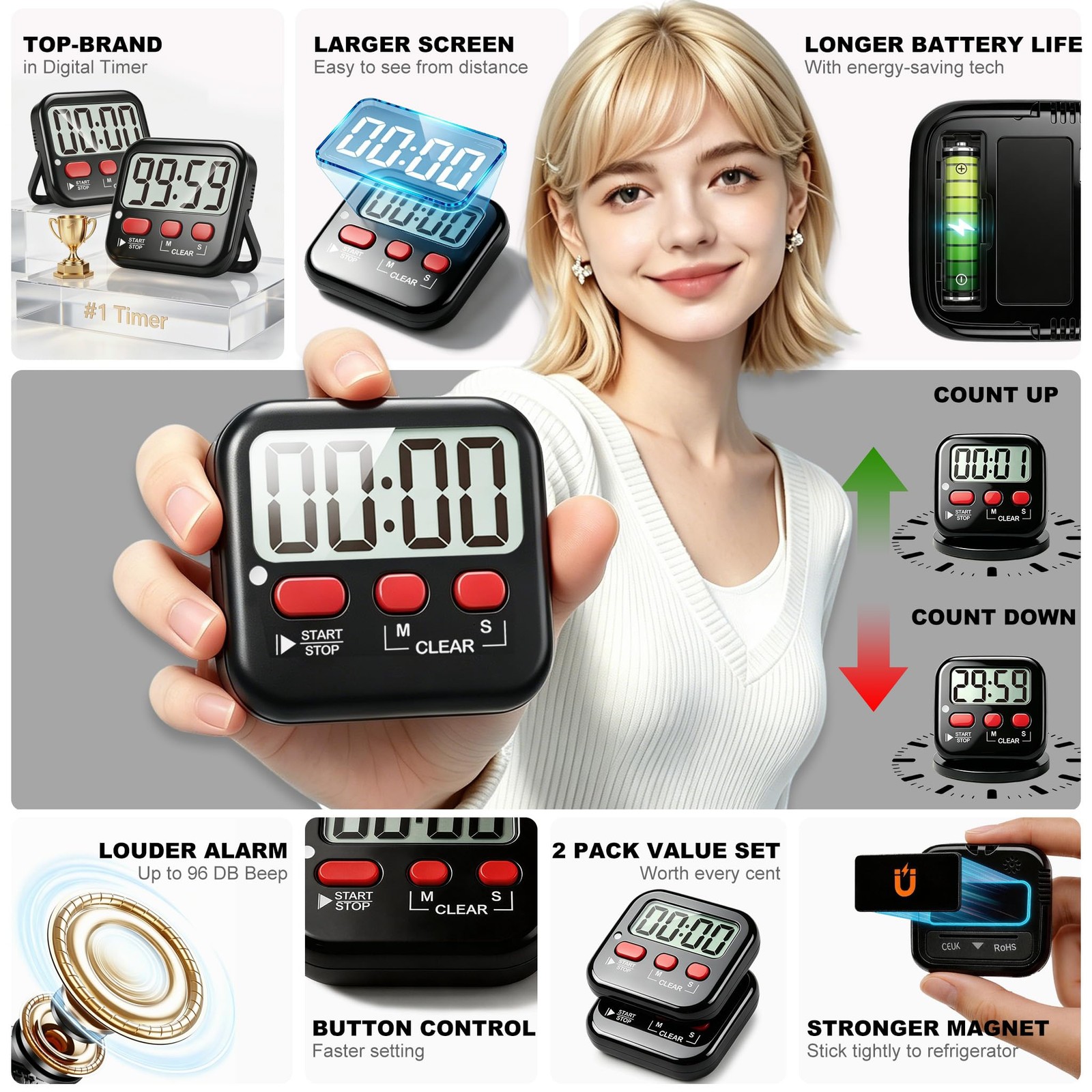2 Pack Digital Magnetic Kitchen Timer for Kids Cooking Classroom