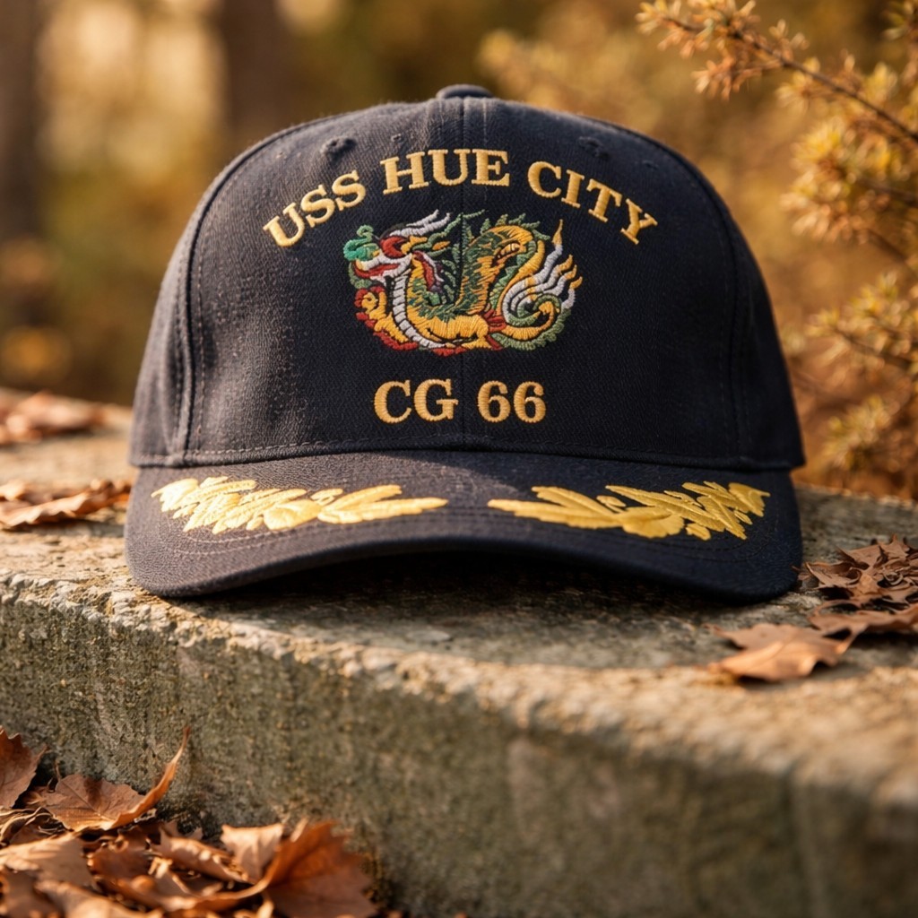 Vtg USS Hue City CG-66 Cruiser Baseball Snapback Cap W/Officer Gold Laurels OSFM
