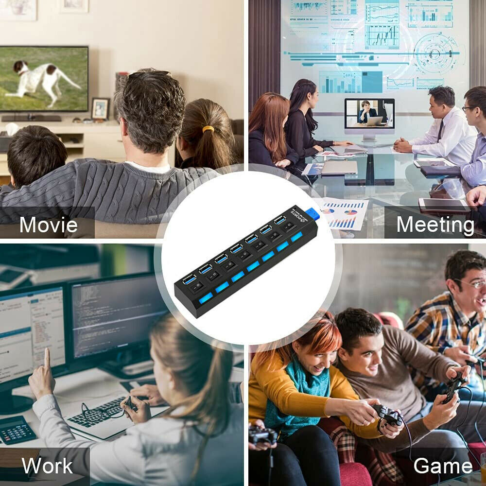 7 Port USB 3.0 Hub Splitter Adapter High Speed Extension For PC Laptop Desktop