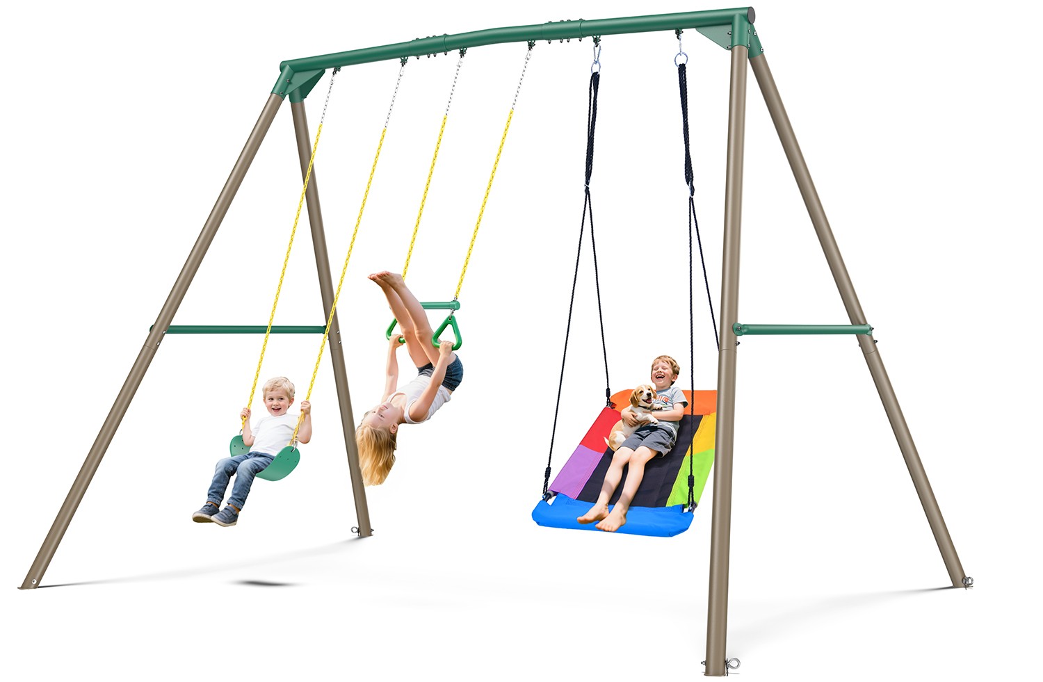 Hapfan 9.5ft Tall Heavy Duty Frame Metal Swing Set with 3 Swings for Kids Adults