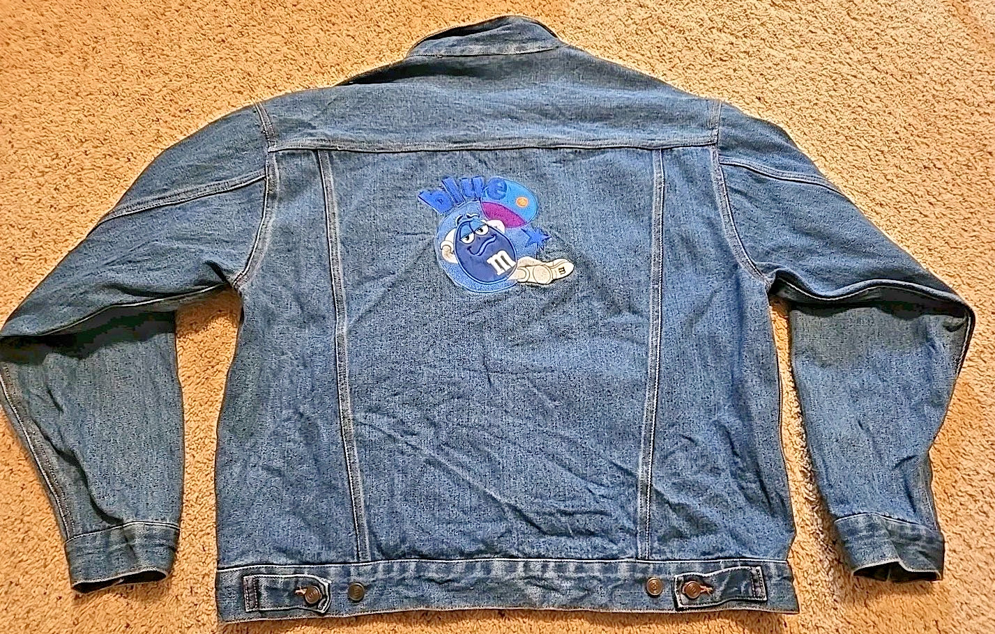 M&M World Adult XXL Blue M&M Candy Character Blue Button Up Denim Jean Jacket