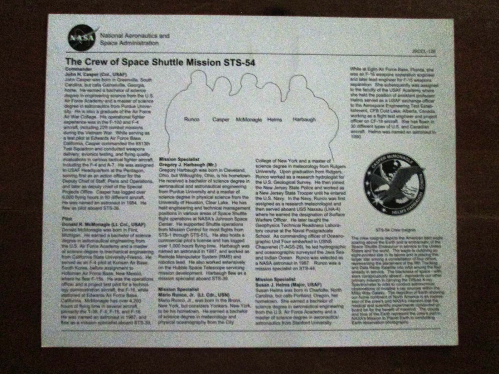 NASA SPACE SHUTTLE MISSION STS-54 CREW ASTRONAUTS PHOTO SIGNED AUTOPEN