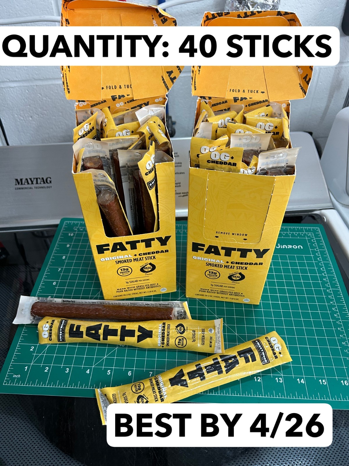 40-PACK LOT BB 4/26 FATTY smoked Meat Stick 13g Protein Original Cheddar 2 oz