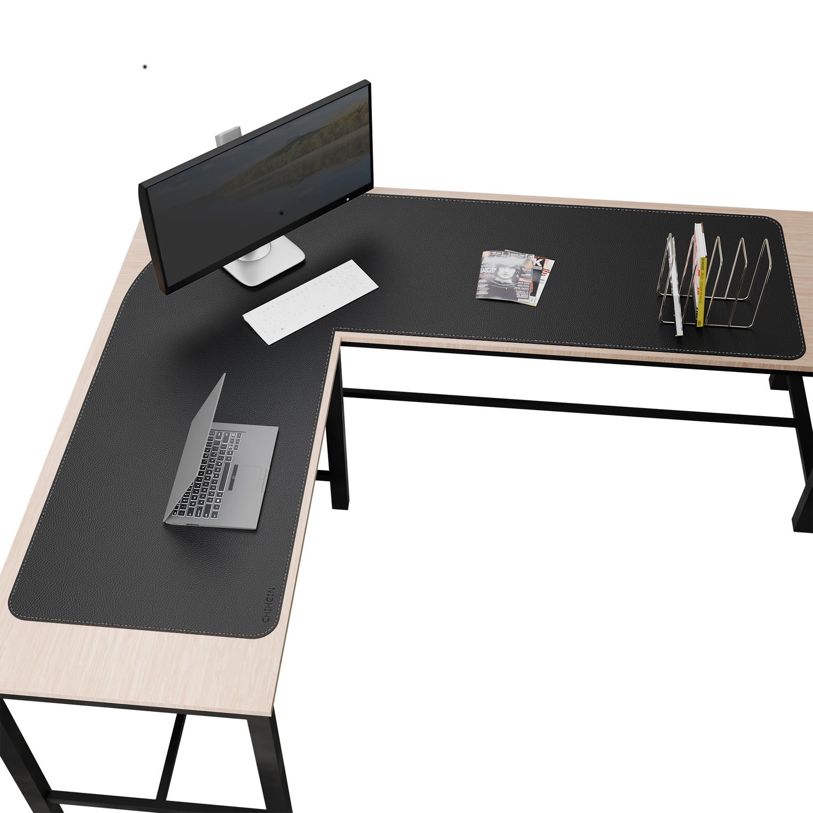 Chihein L Shaped Leather Desk Mat 61" x 72.8" x 23.6" Black
