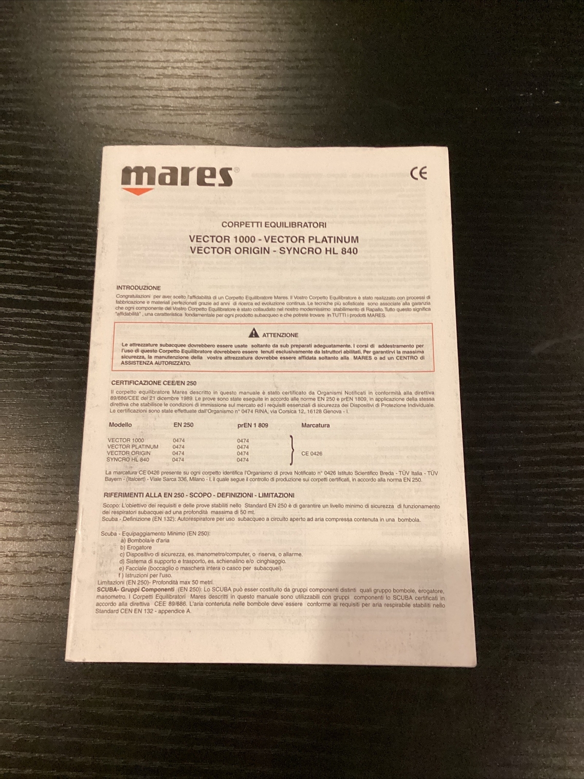 Mares Vector 1000 Vector platinum, Syncro HL 840 Owners Manual