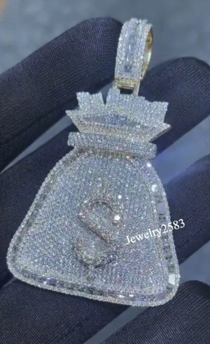 925 Sterling Silver Custom Name Money Bag Pendant Tester Passing Moissanite