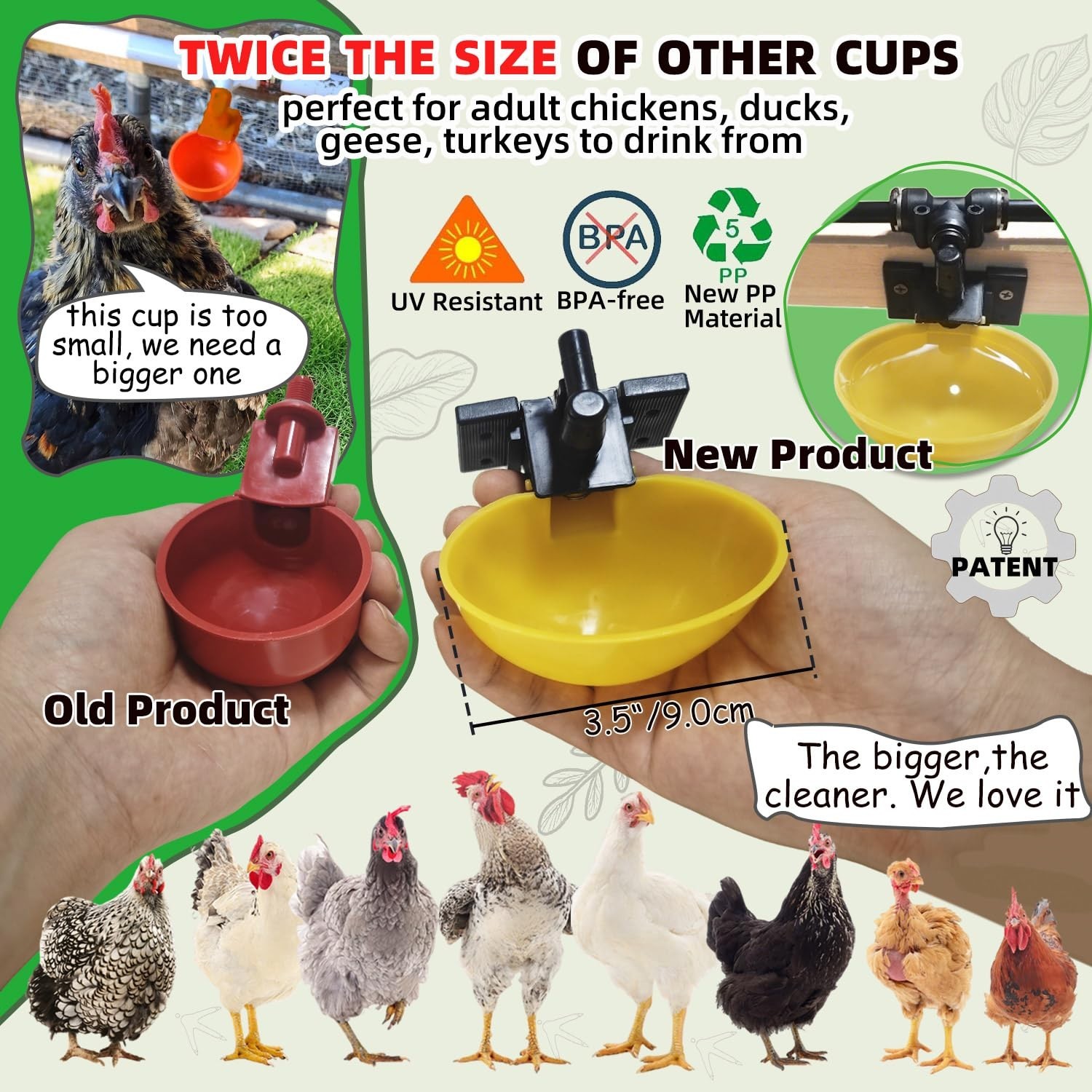 Automatic Chicken Waterer System - 21ft Quick-Connect Pipeline, 10 Large Washabl