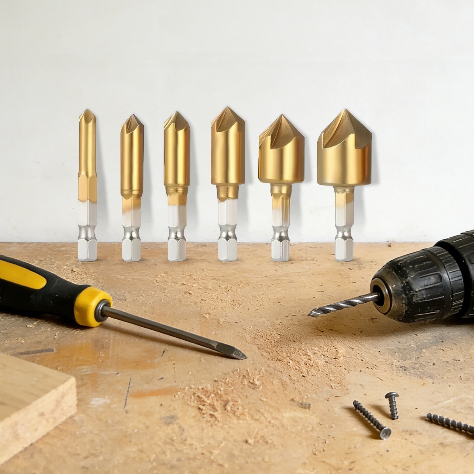 6pc Countersink Drill Bit Set - Five-Flute Countersink Bits for Wood,Soft Metal