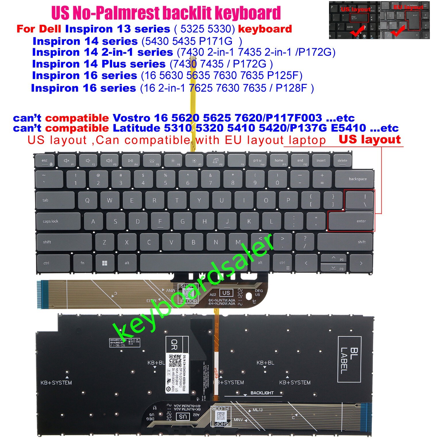 US backlit Keyboard For Dell Inspiron 5325 5330 5430 5435 P171G 7430 7435 P172G
