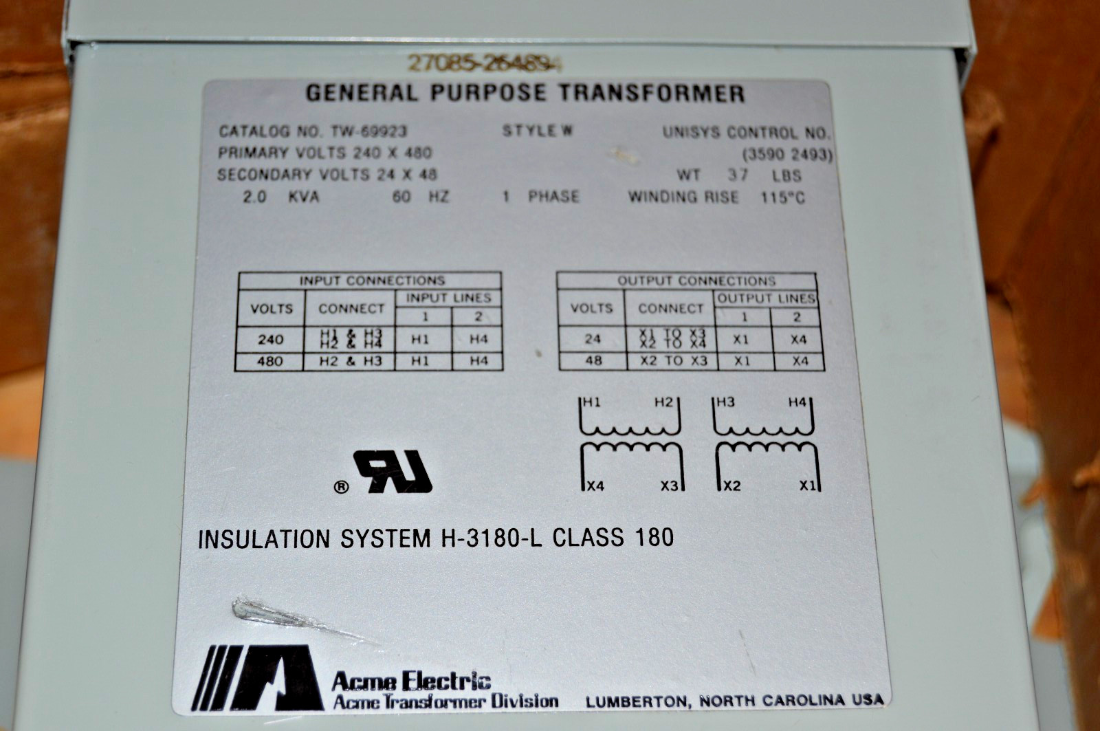 ACME/UNISYS DRY TYPE TRANSFORMER 2.0 KVA, 240X480V 28X56, TW-69933, NEW