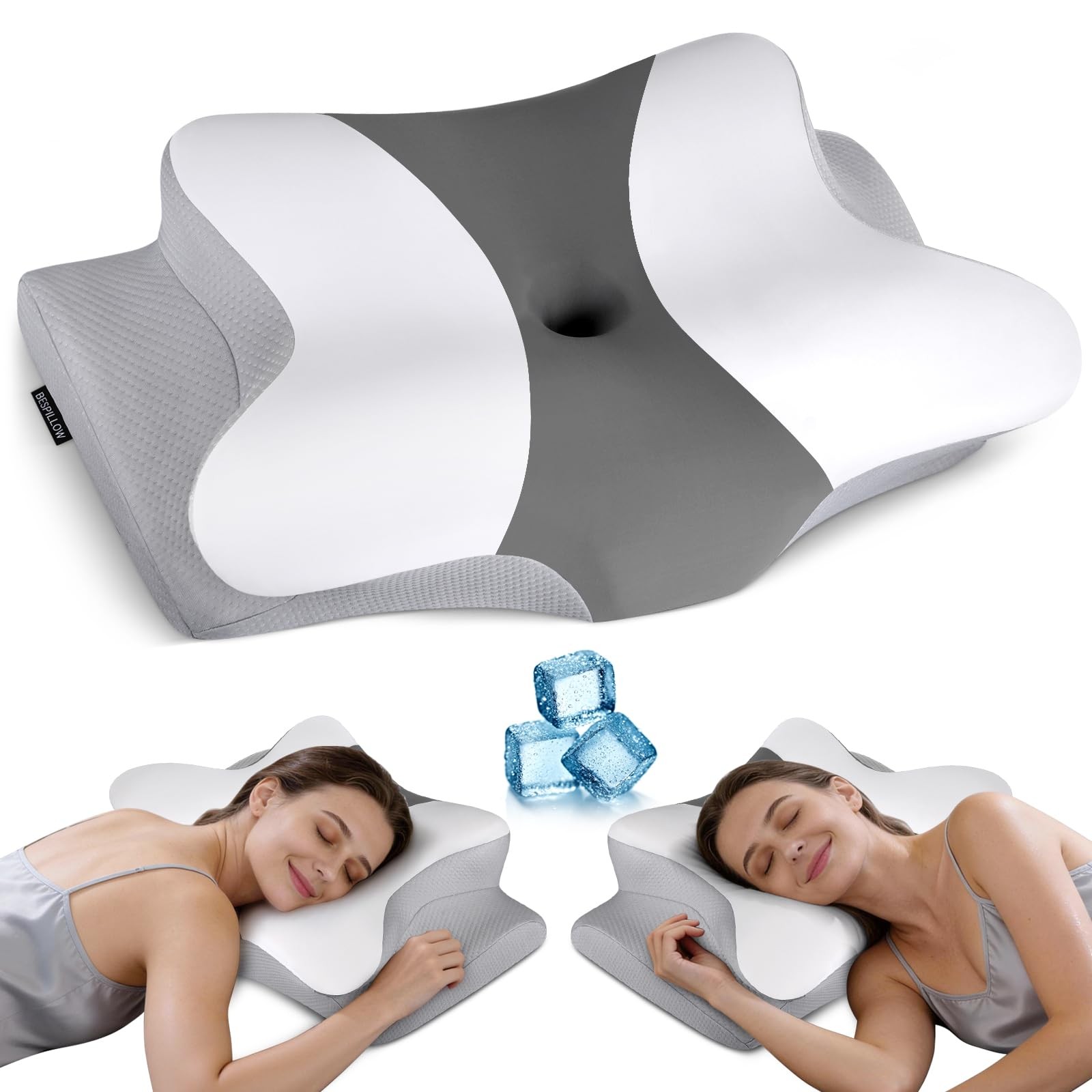 Cervical Neck Pillow for Pain Relief - Ergonomic Dark Grey & White