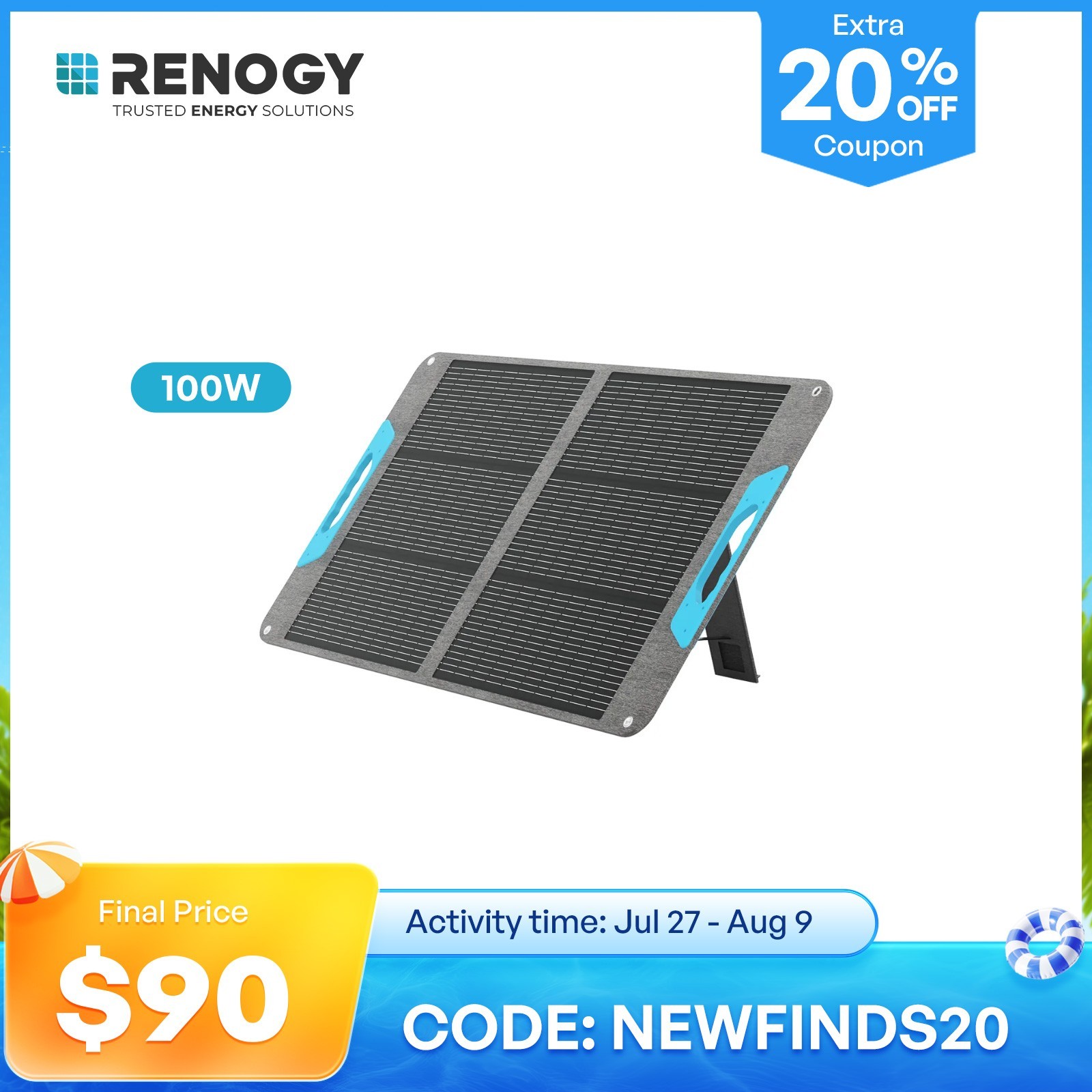 Renogy E.Flex-CORE 100W Portable Solar Panel Waterproof Camping Solar Charger