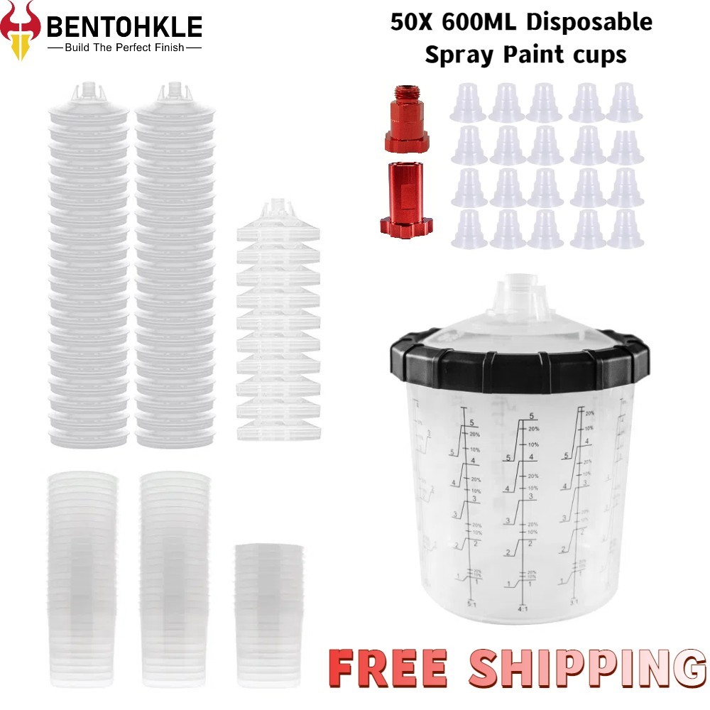🔥 50 Pack Disposable Paint Spray Gun Cup Liners + Lid System Kit 20oz 600ML Cup
