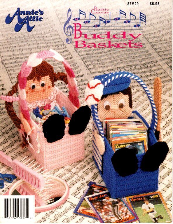 VTG!! ANNIE'S ATTIC PLASTIC CANVAS MUSICAL BUDDY BASKETS 9 ADORABLE DESIGNS