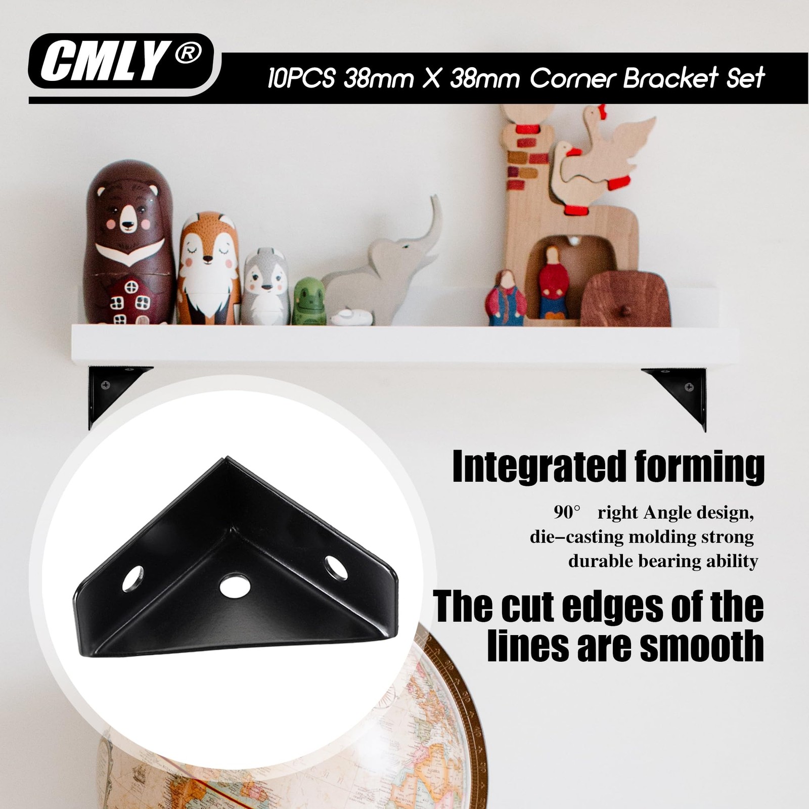 CMLY Corner Brackets, 10Pcs 38mm x 38mm, Black Steel, Triangle Medium,