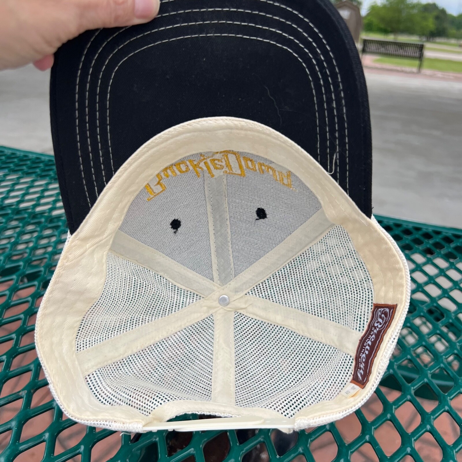 Buckle Down in Gold Script on Black Trucker Hat Cap w White Snapback Brewery EUC