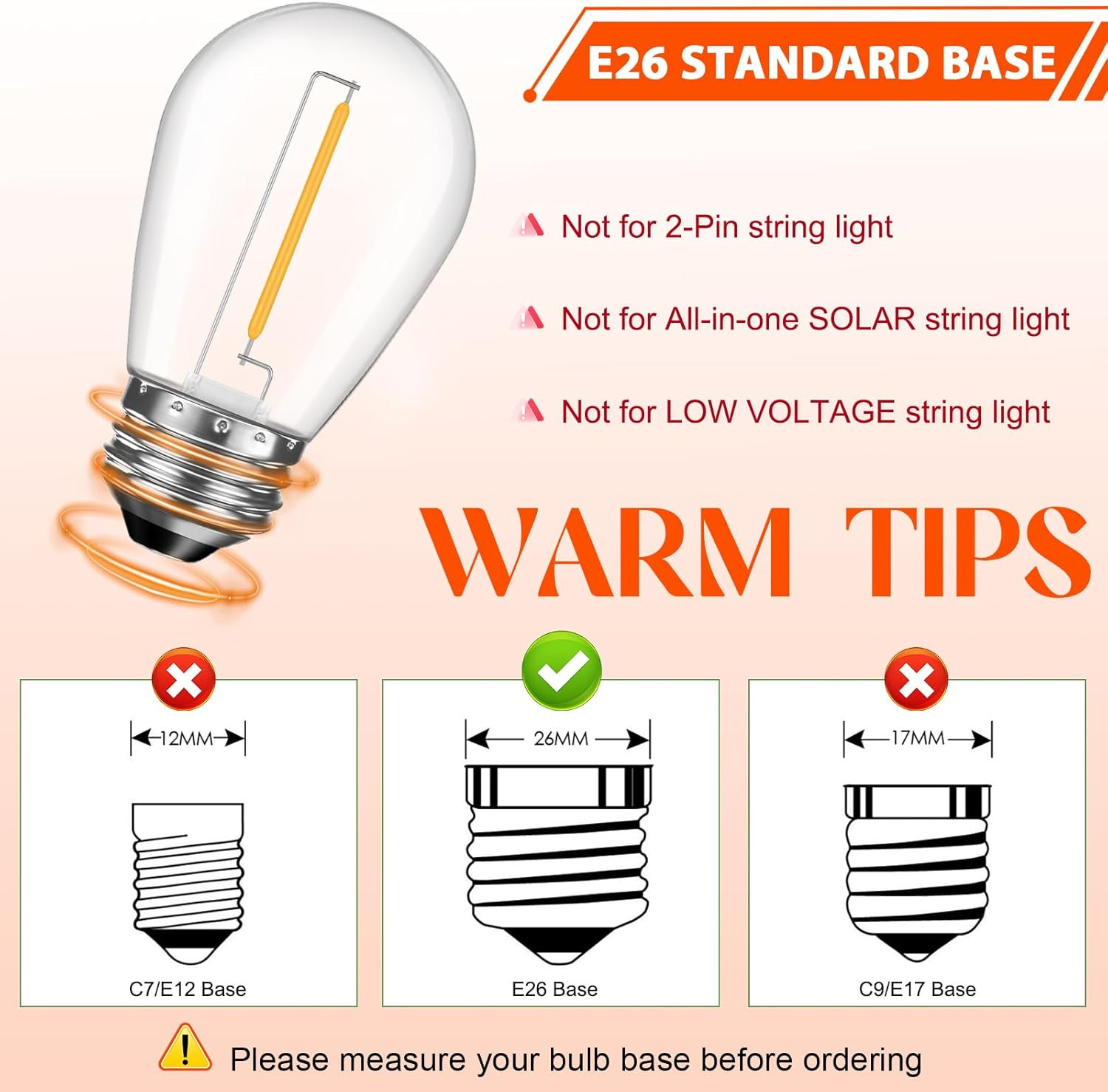 48 Pack Shatterproof LED Replacement Bulbs for Outdoor String Lights, S14 Edison