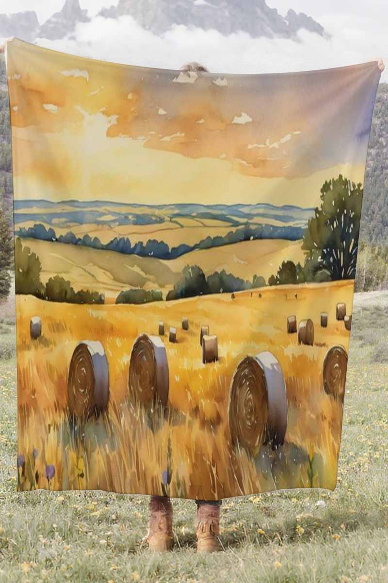 Watercolor Hay Bale Field Coral Fleece Cozy Throw Blanket Farmhouse Trendy