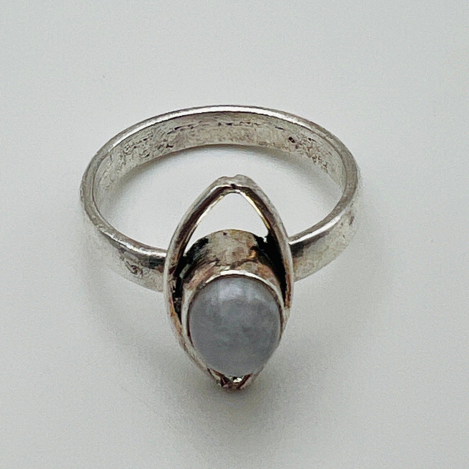 Silver Tone Ring Oval White Cabochon Modern Artisan Boho Statement Size 9 1/4