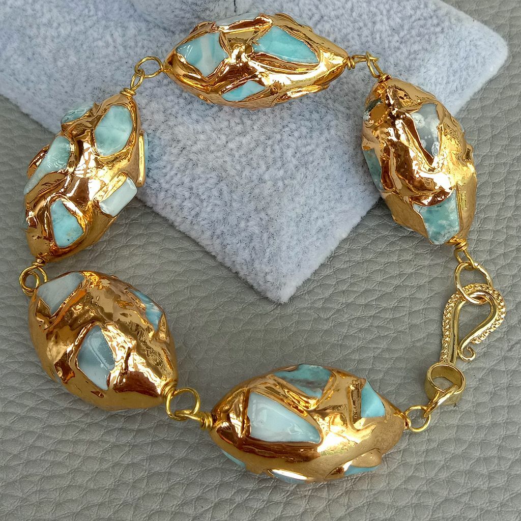 Natural Blue Larimar Gold Plated Olive shape Bracelet