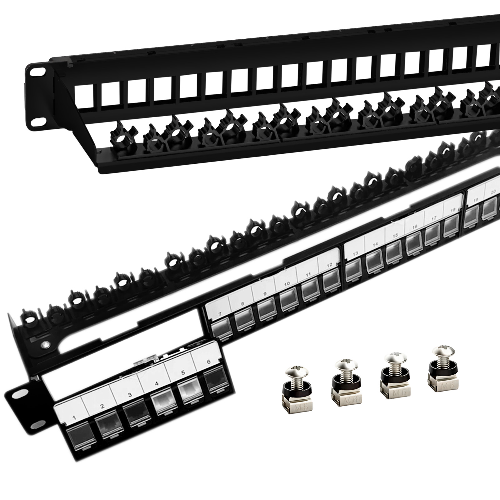 24 Port Blank Keystone 19” Patch Panel 1U - Removable Panels & Rear Cable  Bar