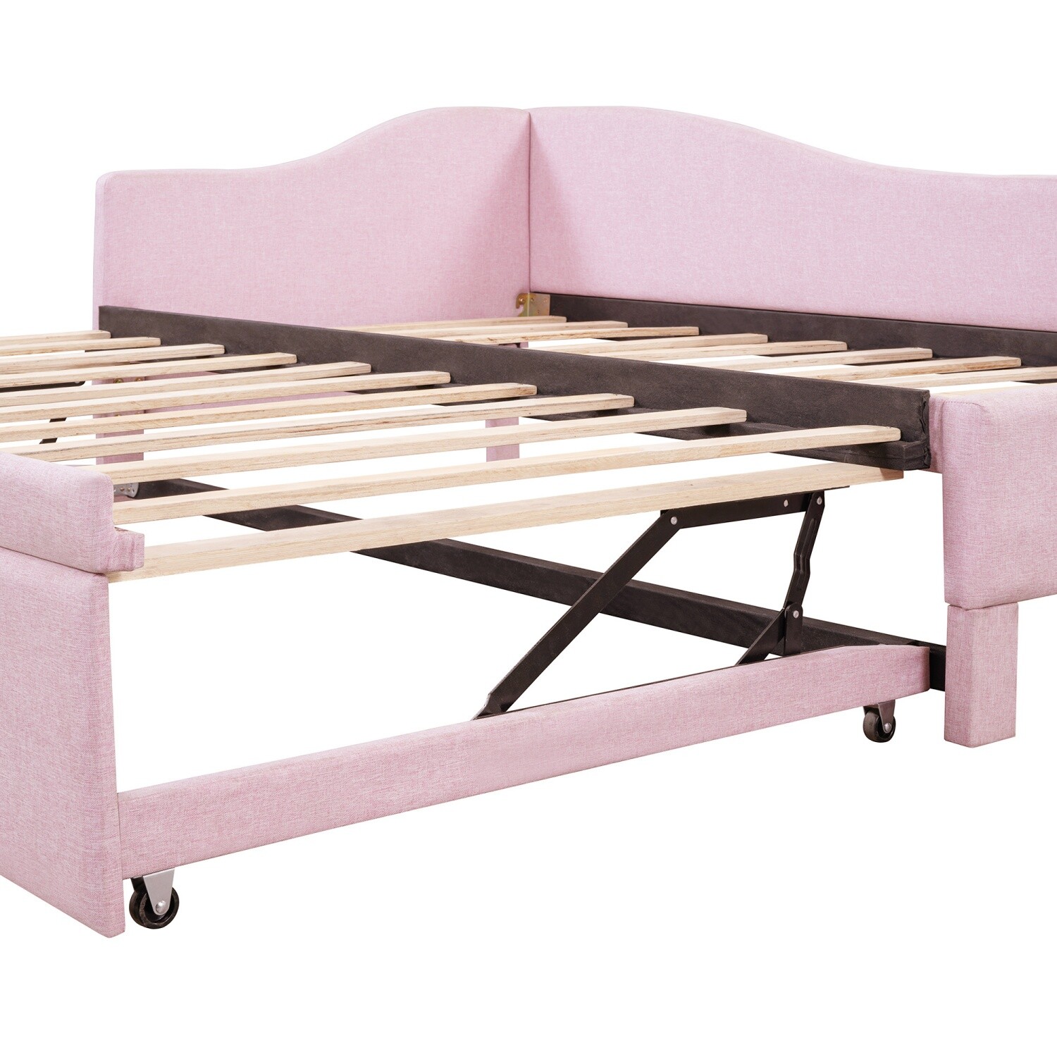 Twin Size Daybed Linen Upholstered Bed Frame Sofa Bed with Pull Out Trundle Bed