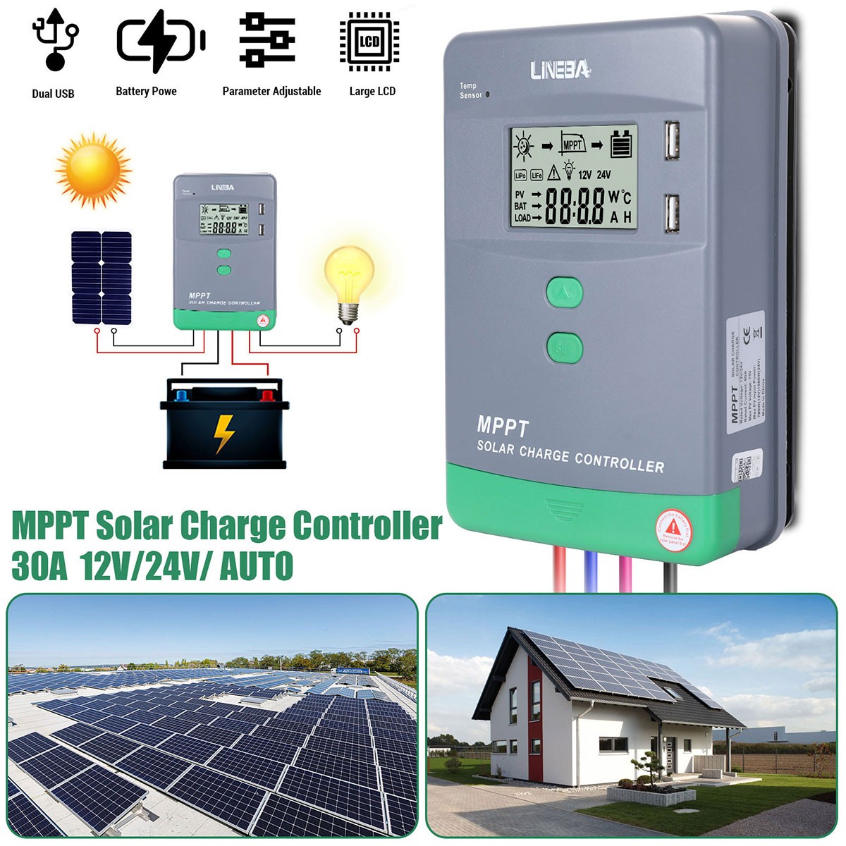 30A MPPT 12V 24V Solar Charge Controller with LCD Display Auto Regulator 2 USB
