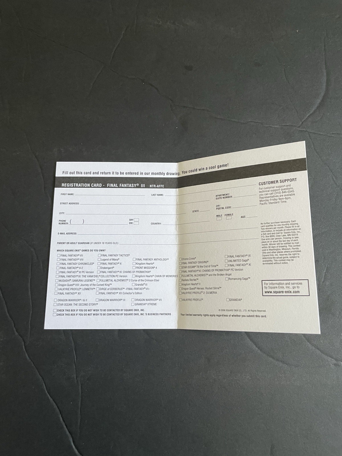 final fantasy 3 ds Registration card insert only