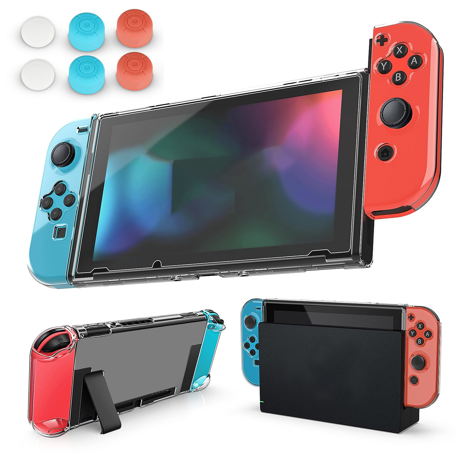 PC Clear Protective Case for Nintendo Switch w/ Screen Protector Thumb Grip Caps
