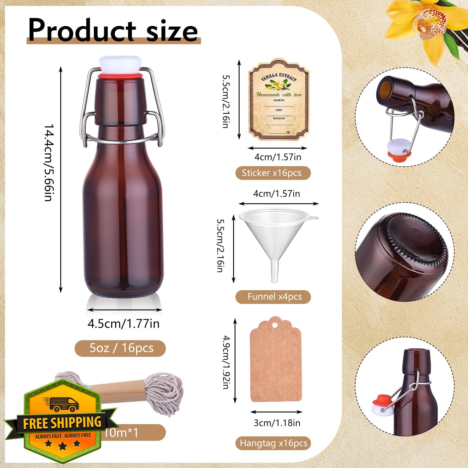 tchrules 16oz 5oz Vanilla Extract Swing Top Glass Bottles Storage Canister