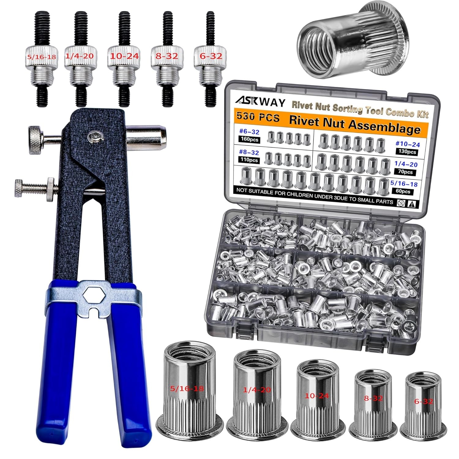 SAE Pressure Rivet Nut Tool Kit 530pcs, inch Rivet Nut Combination