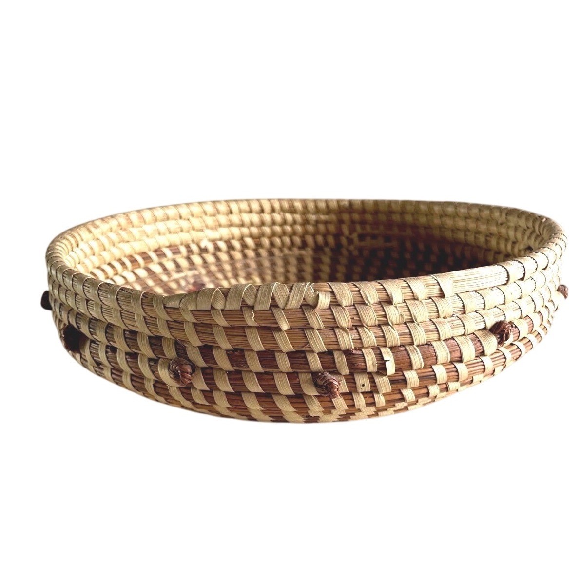 Vintage Handwoven Sweetgrass Basket 10" Coiled Shallow Bowl Tray Folk Art