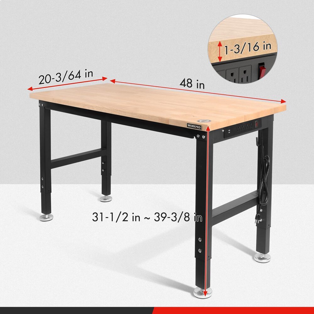 WORKPRO 48" Heavy-Duty Workbench Adjustable Rubber Wood Top Workstation 2000 LBS