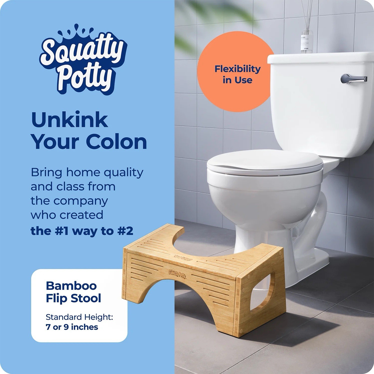 Squatty Potty Bamboo Flip Stool Adjustable Height Brown Toilet Stool