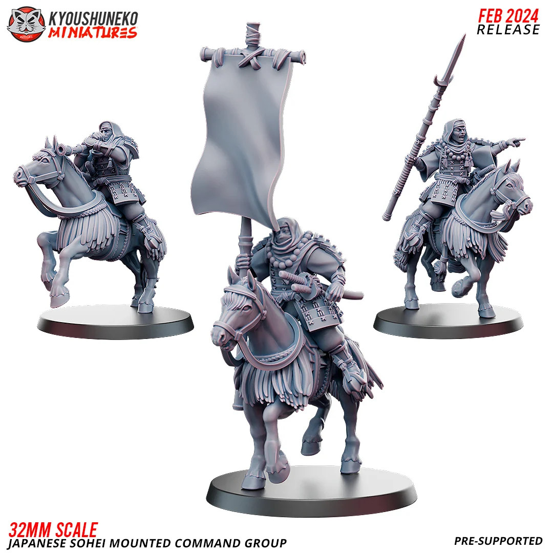 Mounted Sohei Monk Command Group (Set of 3) - 28-32mm Resin Tabletop Miniatu