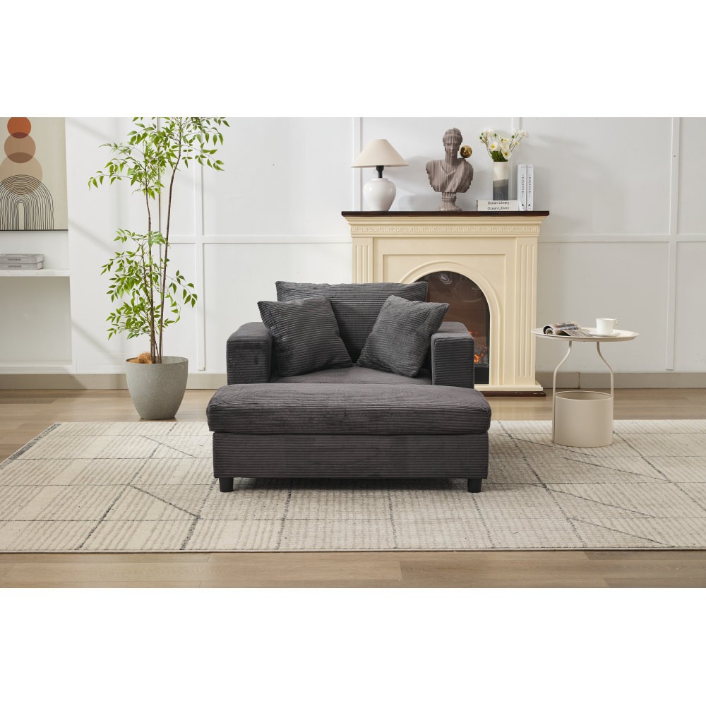 Modern Chaise Lounge Chair w/ Ottoman Sleeper Sofa Bed Dark Gray Corduroy