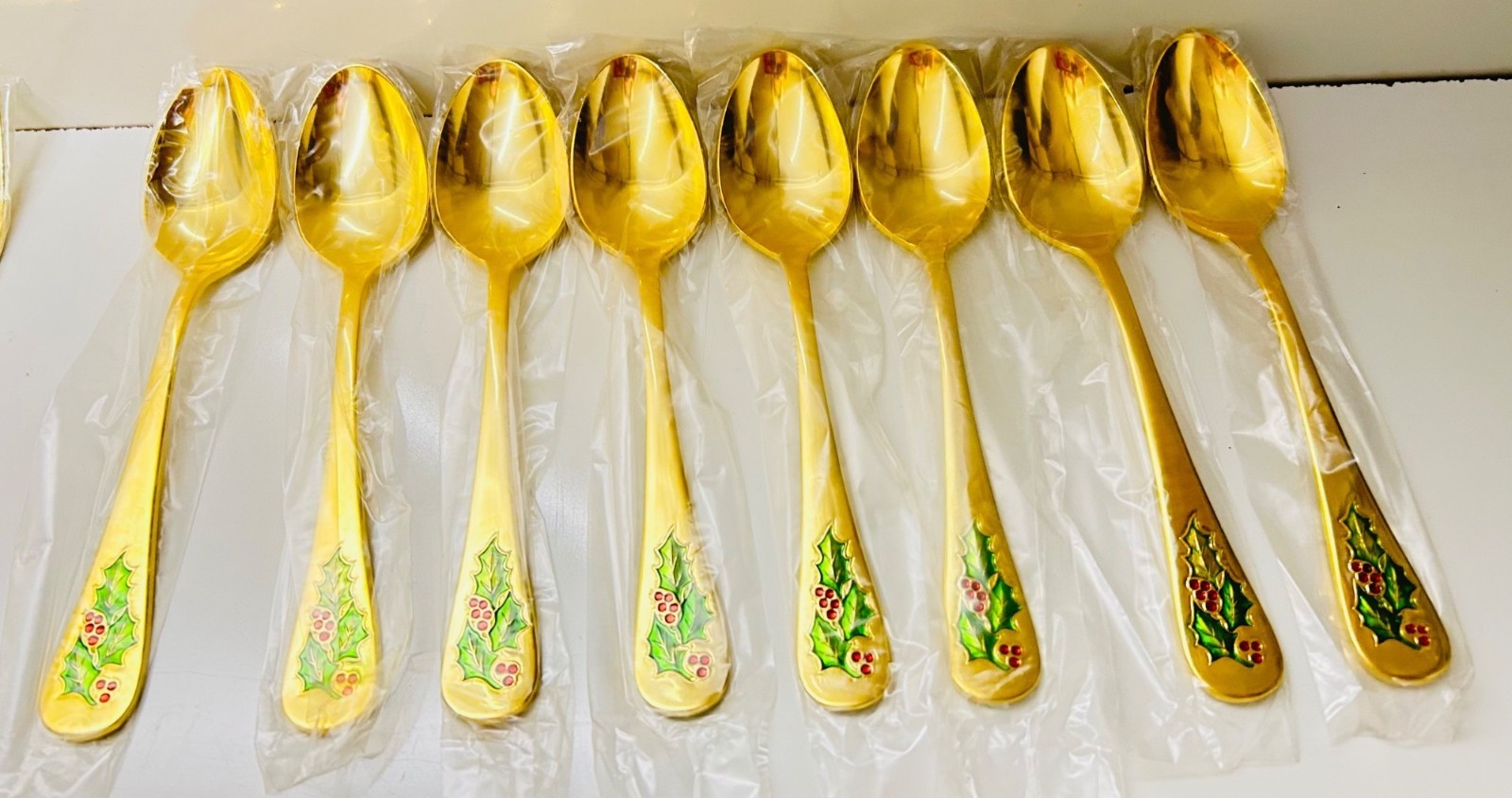 Holly Berry Gold-Plated Stainless Steel Japan Flatware 8 Set New In Sleeves NIB