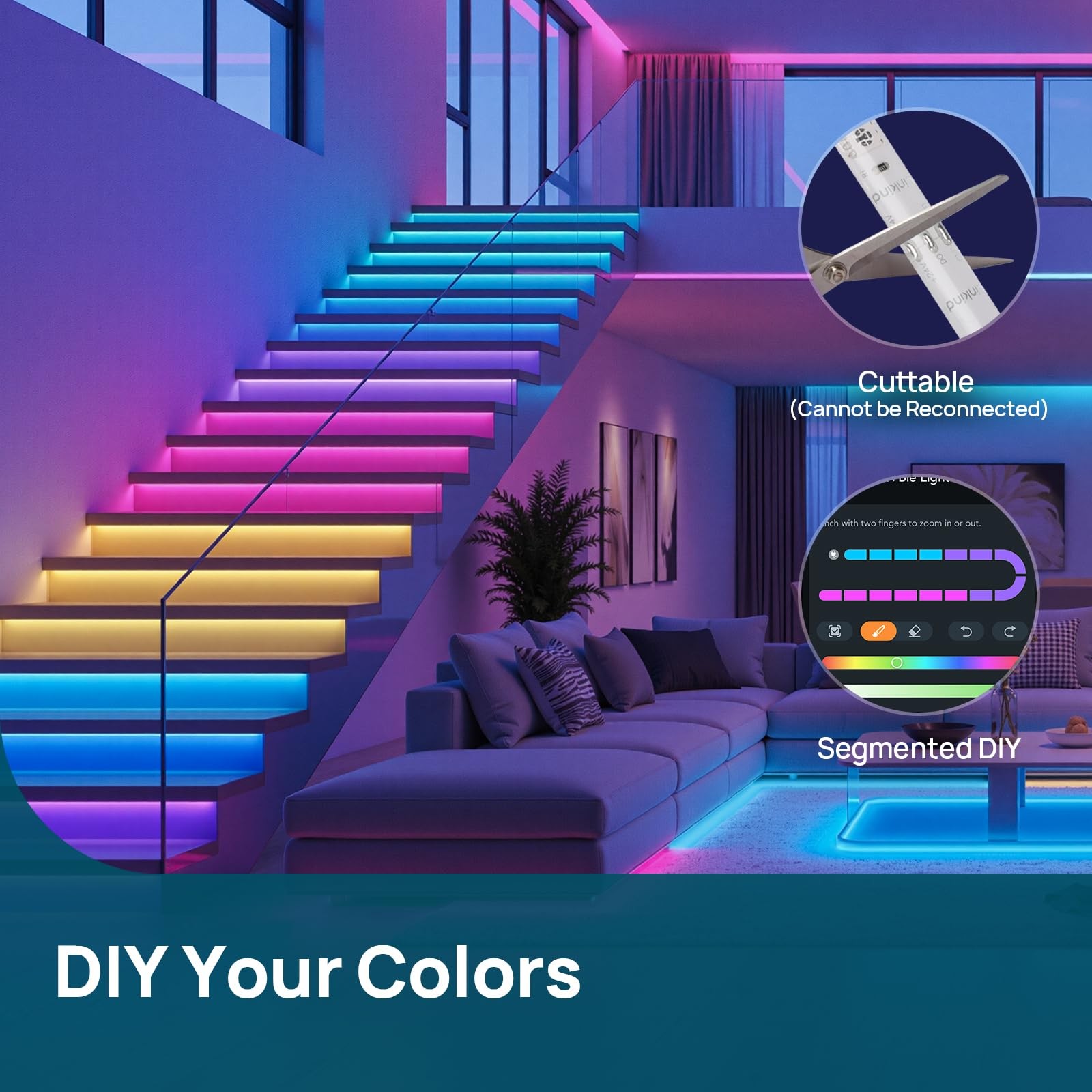 10ft Smart LED Strip Lights - AuraScape Segmented Color Changing WiFi Light S...