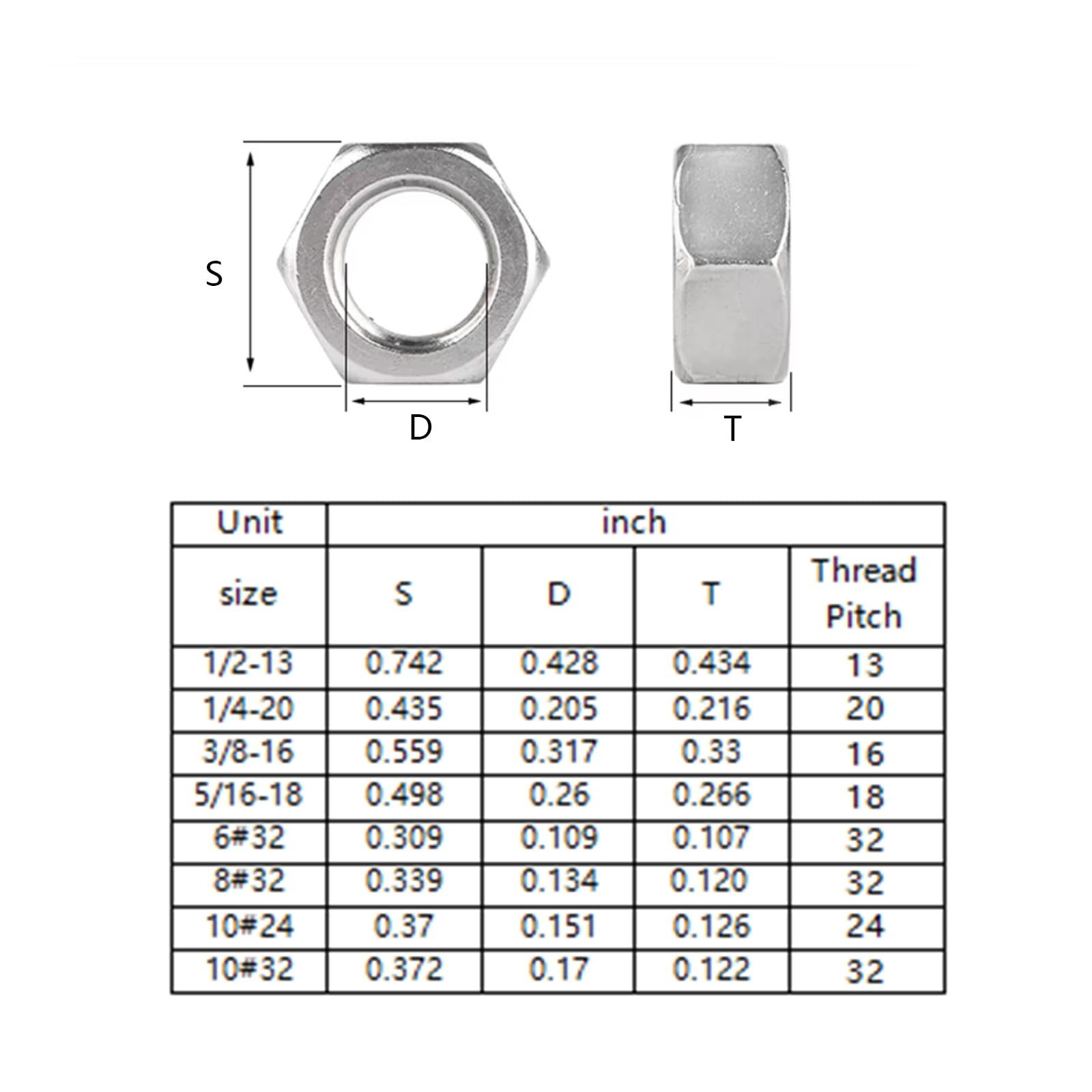 200 PCS #832 Hex Nuts 304 Stainless Steel Heavy Duty Hexagon Fasteners